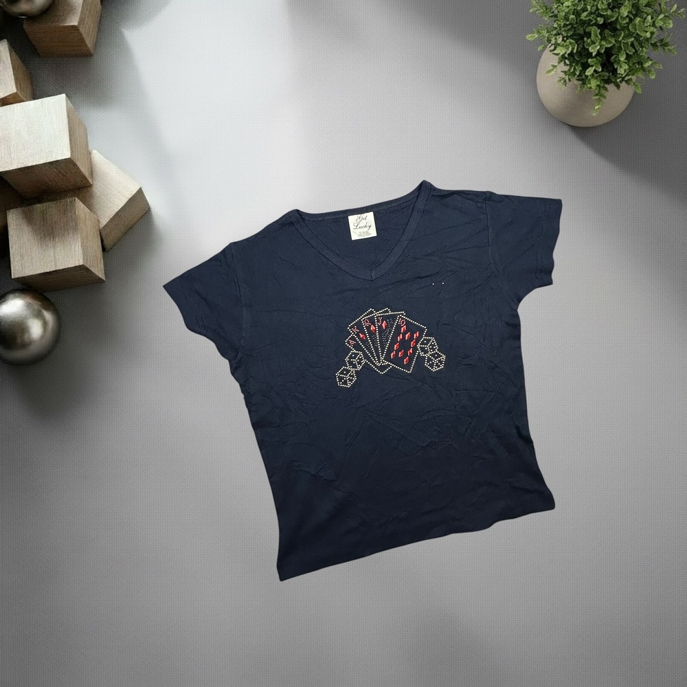 Vintage Get Lucky Y2K Rhinestone Playing Cards Dice V-Neck Tee Navy Blue Large